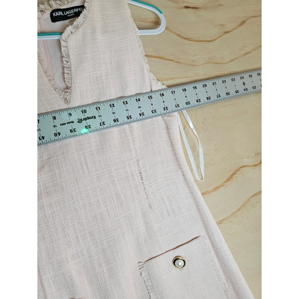 Karl Lagerfeld Paris Pink Tweed Sheath Dress Pearl Button Fringe Trim Size 6 - Picture 9 of 16